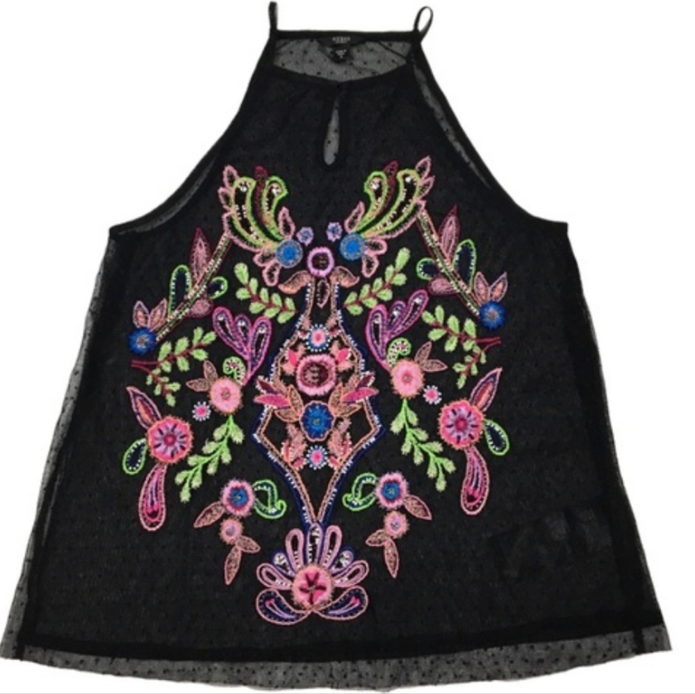 Guess Rylie  Floral Paisley Embroidered Bead Sheer Polka Dot Mesh Dark Romantic